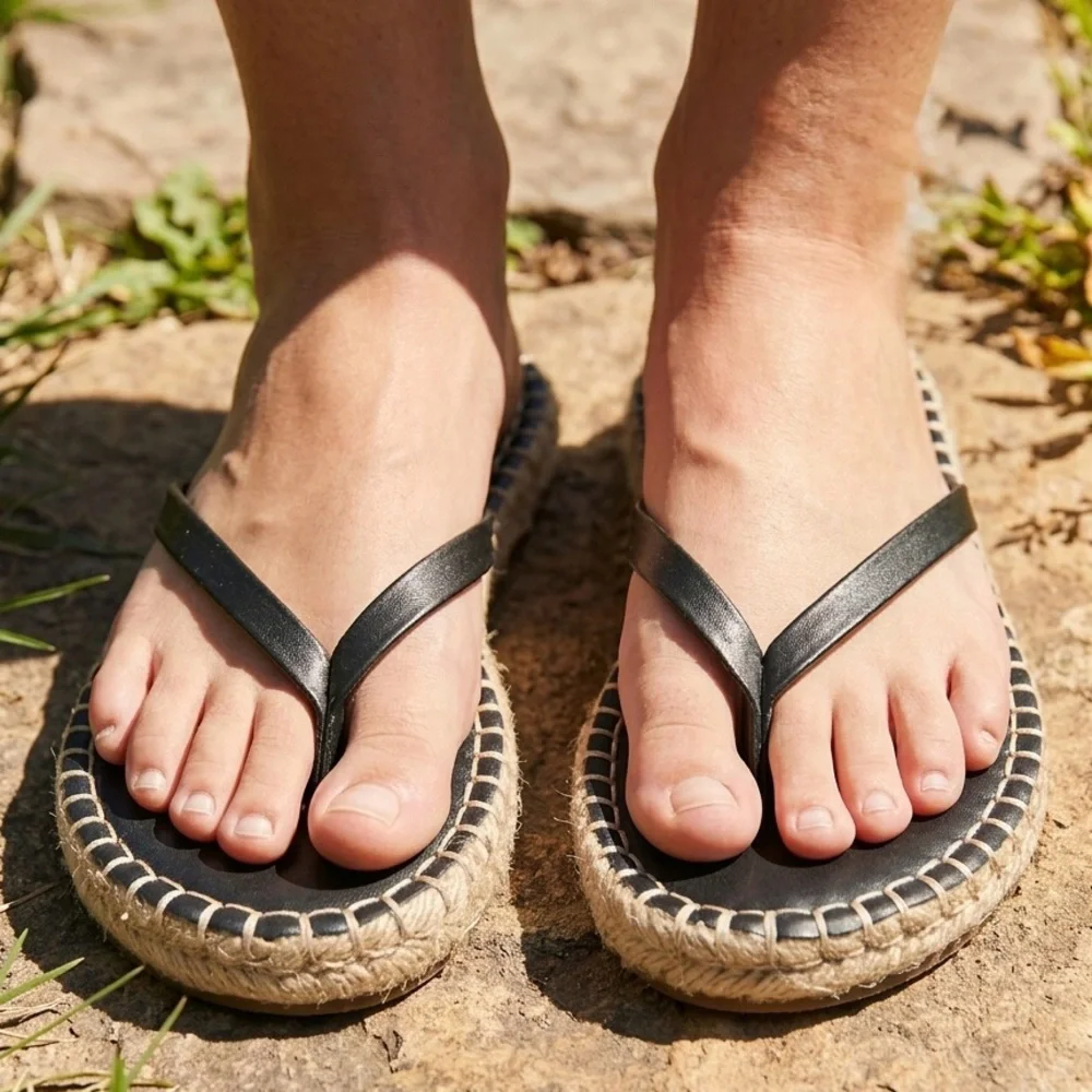 Aerie American Eagle Black Espadrille Flip Flops Thong Sandals Vacation Sz 9 EUC